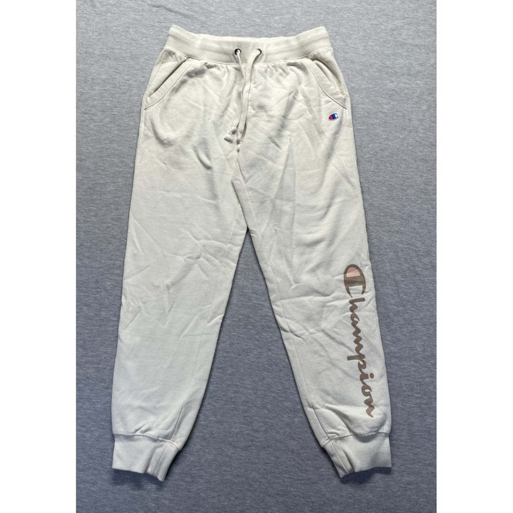 Champion Sweatpants Women's S Cream Fleece Lined Pockets Drawstring Tapered Leg